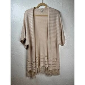 Cardigan Womens XL Cream Boho Fringe Crochet Open Front Festival Cottagecore